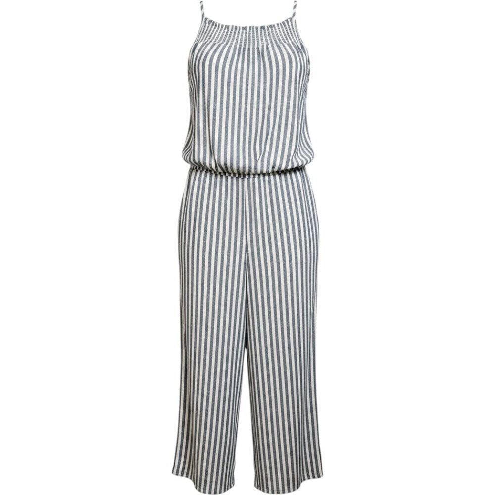 Old Navy Womens Blue White Striped Linen Blend Smocked Wide Leg Jumpsuit L